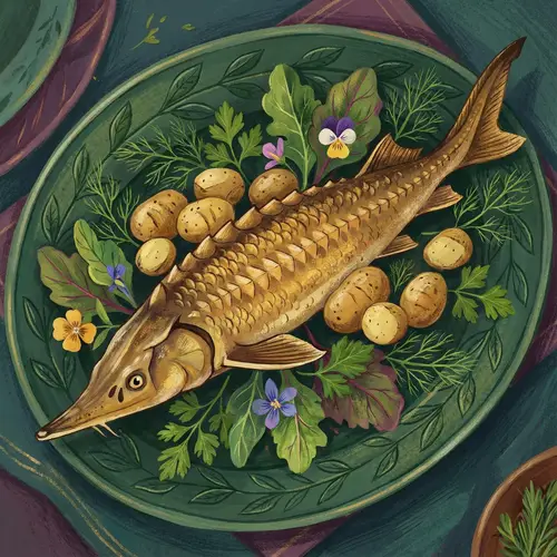 Exquisite Sterlet Fish Dish with Potatoes & Greens
