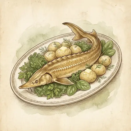 Golden Brown Sterlet Fish on Ceramic Plate | Vintage Culinary Illustration Style