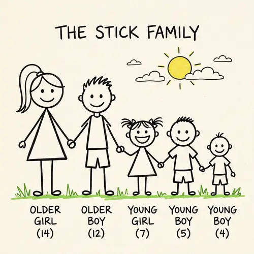 Stick Family with Older and Young Kids