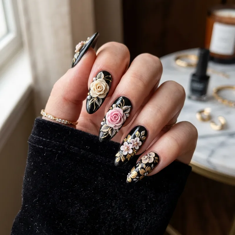 3D Black Floral Nail Art Design