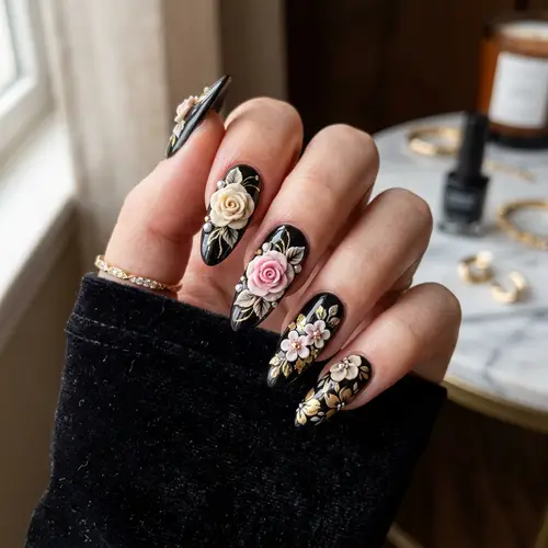 3D Black Floral Nail Art Design