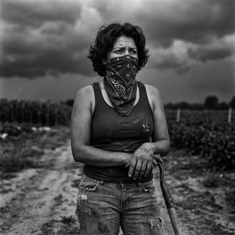 Masterpiece: Latina Woman in Mid-Thirties with Scared Expression as Farmhand