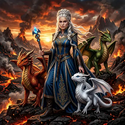 Heroic Fantasy Character with Dragons in Regal Blue Gown