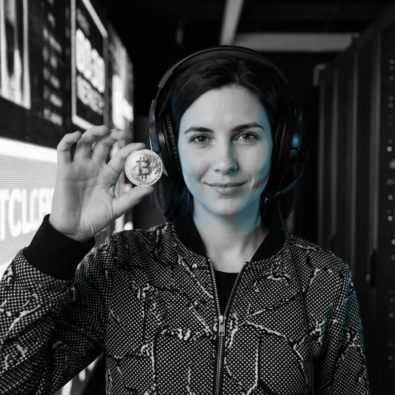 Tech-Inspired Model with Bitcoin in High-Contrast Photo