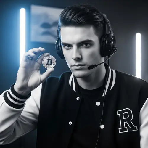 Tech-Inspired Model with Bitcoin in High-Contrast Photo