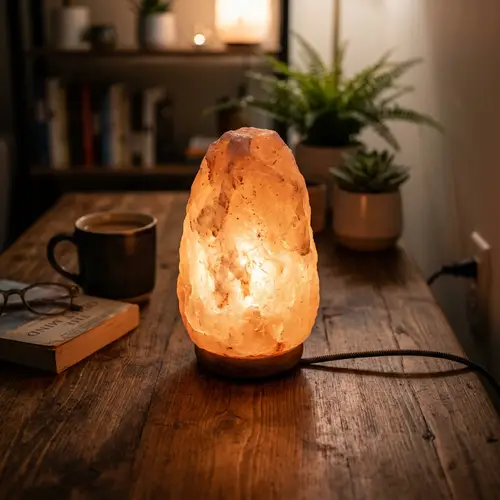 Glowing Pink Himalayan Salt Lamp on Dark Wooden Table