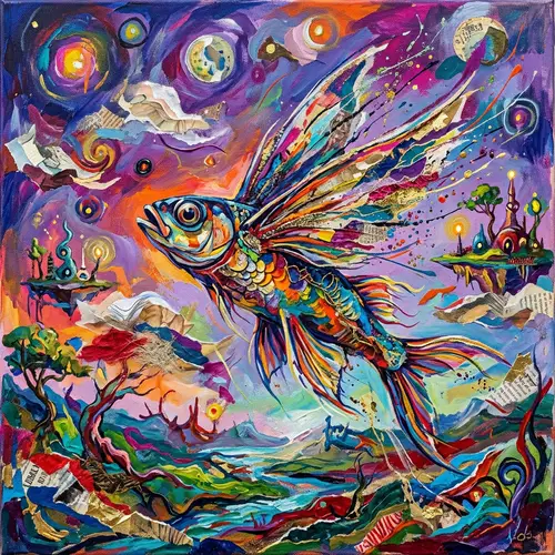 Vibrant Flying Fish Art in Surreal Dreamscape | Fantasy Artwork