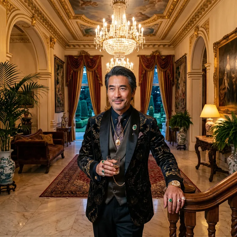 Luxury Asian Male Fashion - Opulent Setting with High-End Accessories