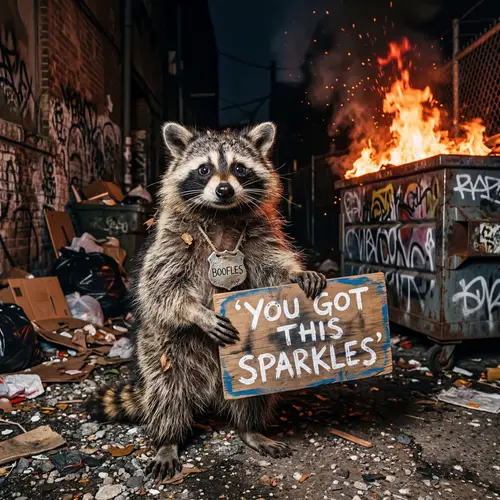 Disheveled Raccoon with Boofles Badge – Join the Fun!