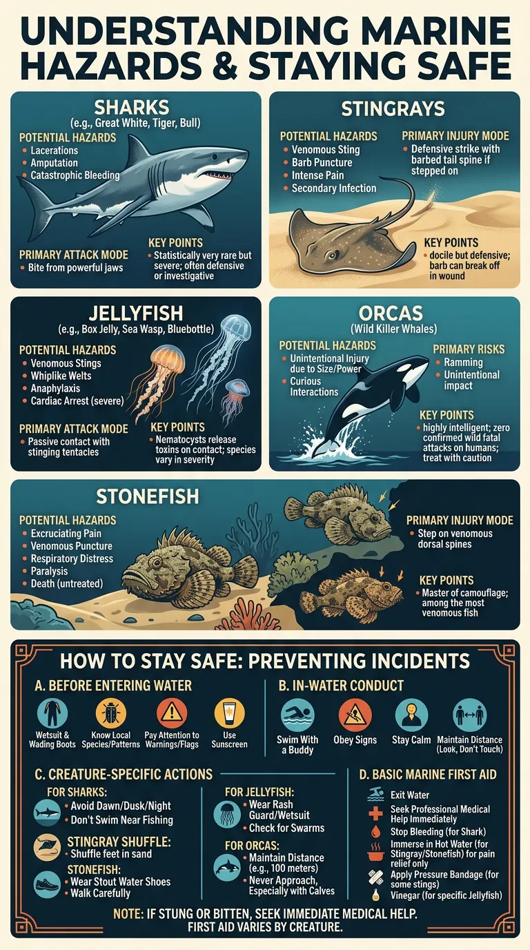 Marine Hazards: Sharks, Rays, Jellyfish & Orcas Safety Marine Hazards: Sharks, Rays, Jellyfish & Orcas Safety