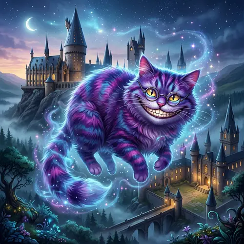 Cheshire Cat Illustration in Magical World with Wizarding Glasses