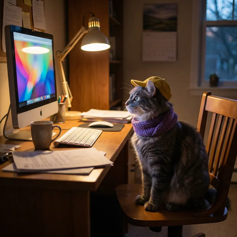 Cute Cat in Purple Scarf and Yellow Cap Using Computer Cute Cat in Purple Scarf and Yellow Cap Using Computer