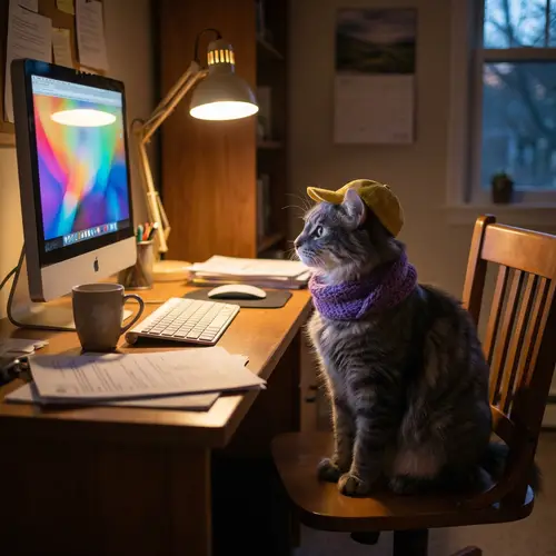 Grey Cat in Purple Scarf with Yellow Cap at Computer