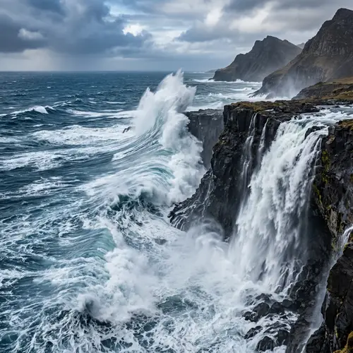 Oceanic Waves Meet Cascading Waterfall - Raw Power of Nature