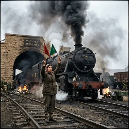 1942 Middle-Eastern Woman Directs Locomotive Amidst Fire and Smoke