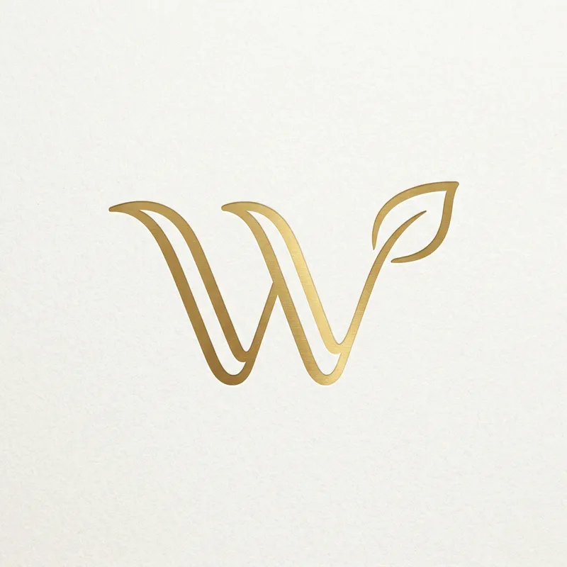 Elegant Minimalist Logo: Golden 'W' with Leaf Design Elegant Minimalist Logo: Golden 'W' with Leaf Design