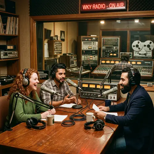 Vintage Radio Program Broadcast Room with Diverse Hosts