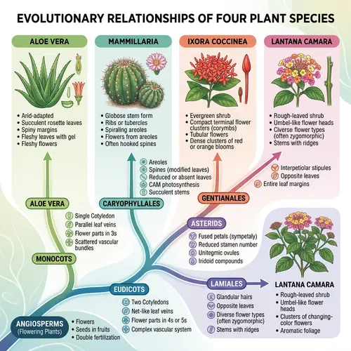 Cladogram of Aloe Vera, Lantana, Mammillaria, & Ixora