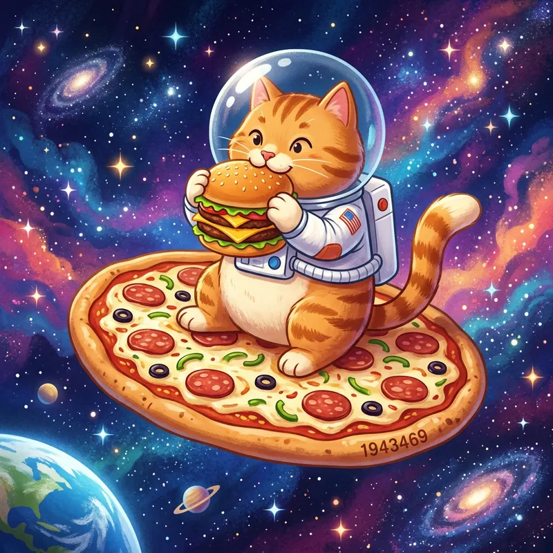 Fat Cat in Space with Hamburger & Pizza