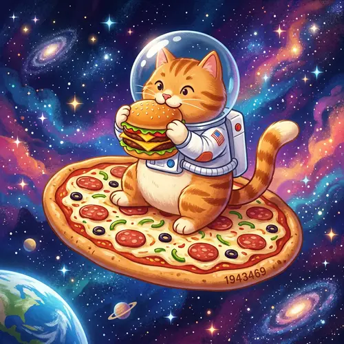 Fat Cat in Space with Hamburger & Pizza