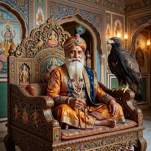 Spiritual Leader on Majestic Throne - Vibrant Indian Art