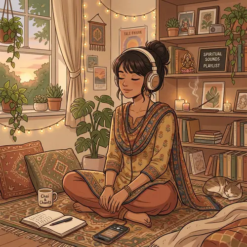 South Asian Girl in Anime Lofi Aesthetic Listening to Spiritual Music