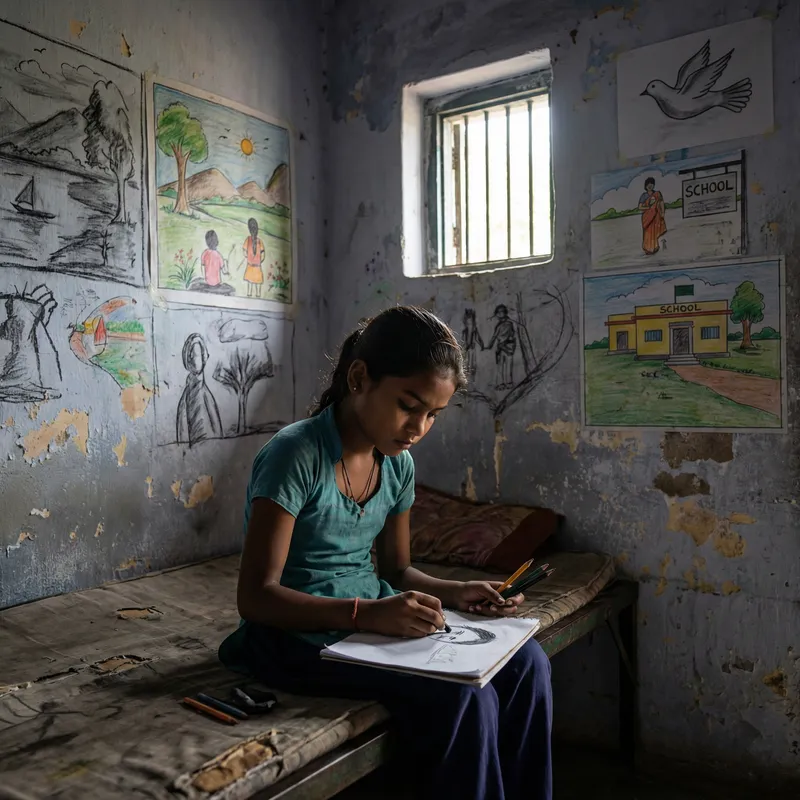 Empowering Creativity: Girl in Cell with Drawing People
