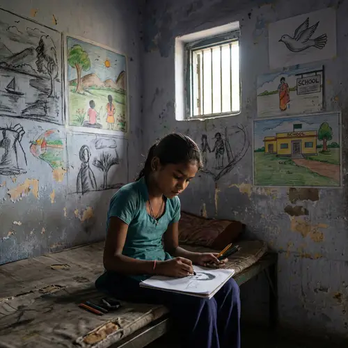 Empowering Creativity: South Asian Girl in Cell with Drawing Tools