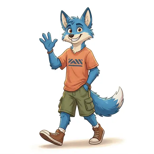 Friendly Male Blue Fox Demi-Human in Cartoon Style