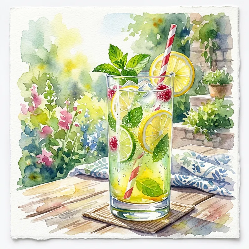 Watercolor Painting of Tall Glass with Refreshing Drink