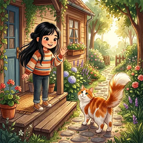 Girl Waving Goodbye to Ginger Cat | Digital Illustration