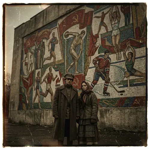 Vintage Film Aesthetic with Soviet Mosaic: Surreal Scene