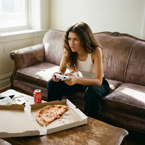 Zendaya Gaming on the Couch with Pizza & Coke