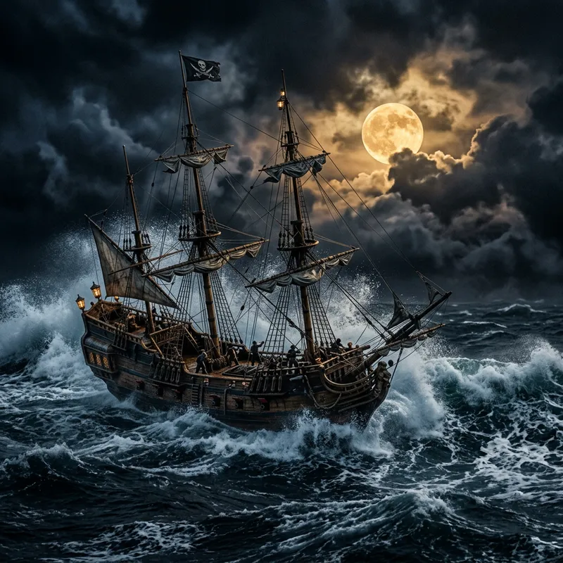 Golden Moon Pirate Ship Sailing in Rough Sea Golden Moon Pirate Ship Sailing in Rough Sea