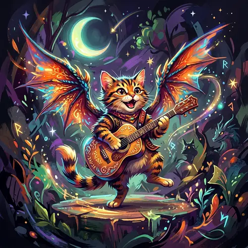 Whimsical Cat with Dragon Wings Strumming Guitar