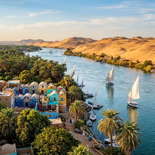 River Nile Art: Sailboats, Palm Trees & Nubian Houses