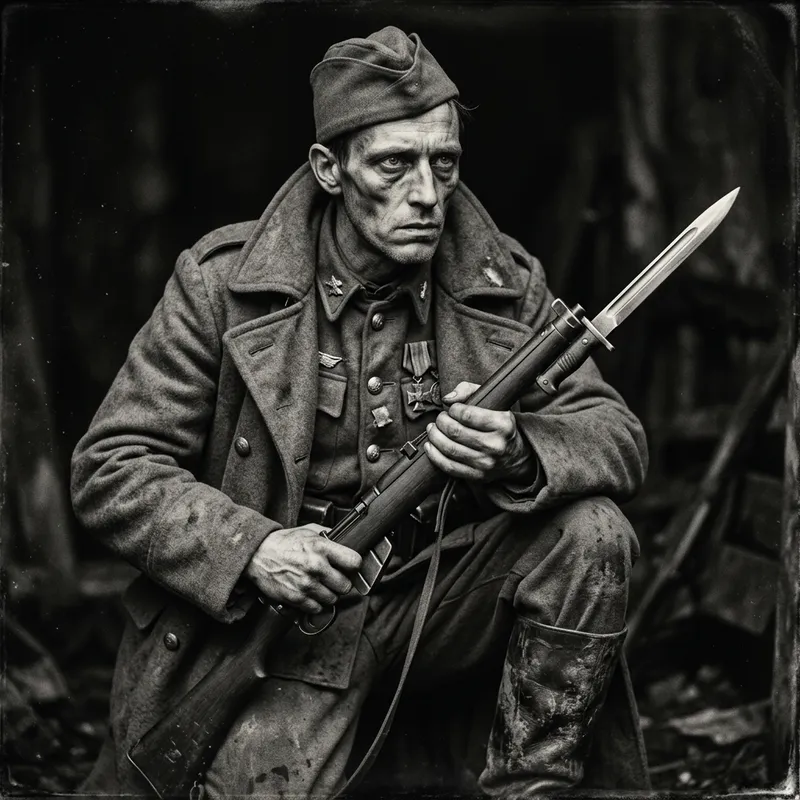 Male Soldier with Hollow Face and Bayonet | Vintage Black & White