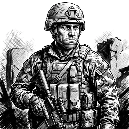 Serious Masculine Soldier in Monochromatic Style