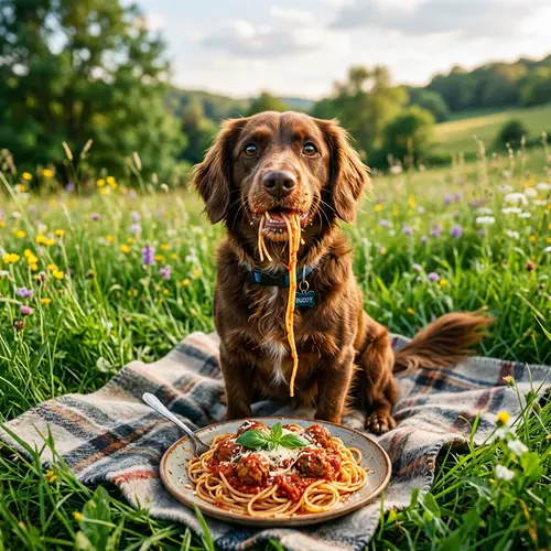 Cheerful Dog Enjoying Spaghetti on Green Meadow