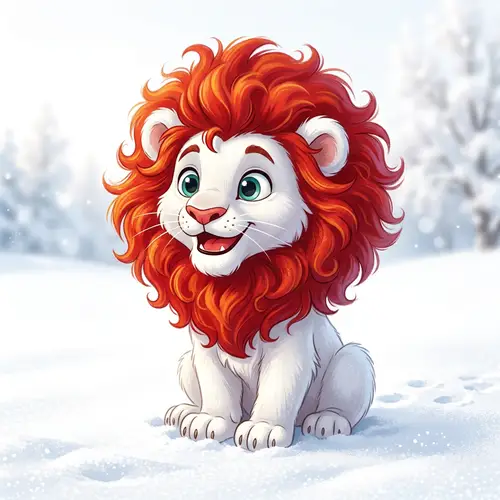 Vibrant White Lion Cub with Bright Red Mane | Playful Cartoonish Style