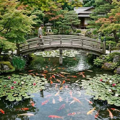 Japanese Koi Fish in Lily Pond with Wooden Bridge