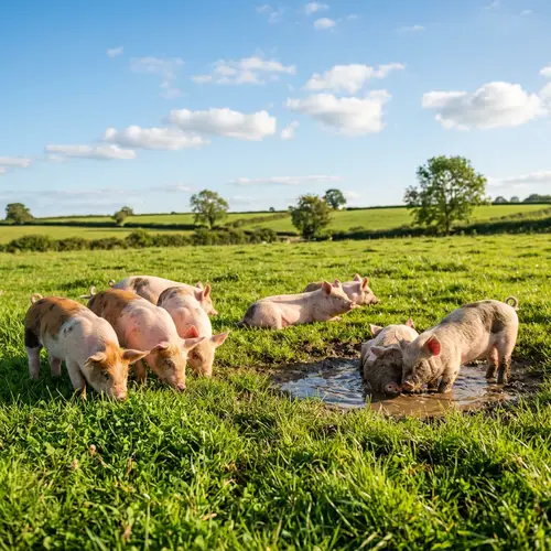Lush Green Field with Miniature Pigs - Tranquil Countryside Scene