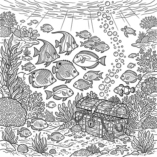 Underwater Coloring Page with Fish and Pirate's Chest