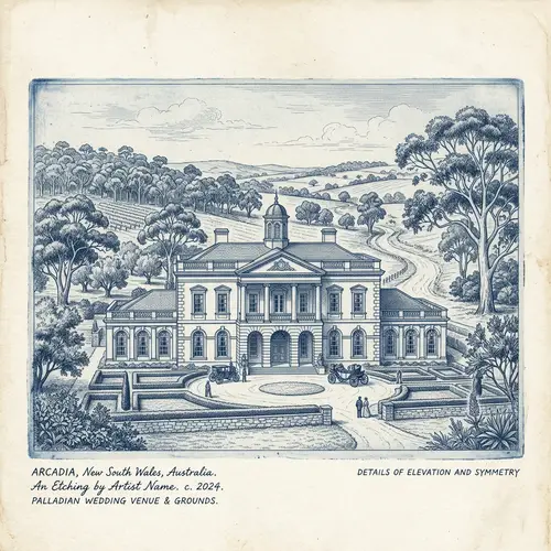 French Blue Etched Sketch of Palladio Arcadia Wedding Venue in NSW
