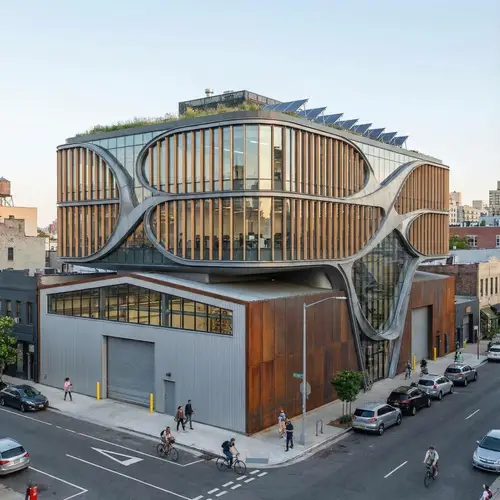 Modern Two-Level Building Design with Glass and Metal