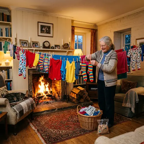 Cozy Living Room with Fireplace and Elderly Woman Hanging Laundry