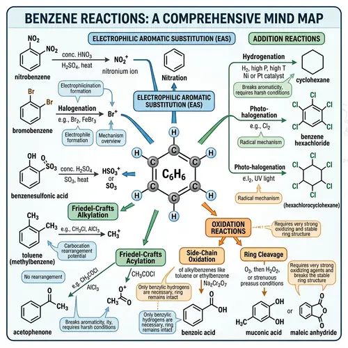 Benzene Reactions Mind Map: Organic Chemistry Illustration