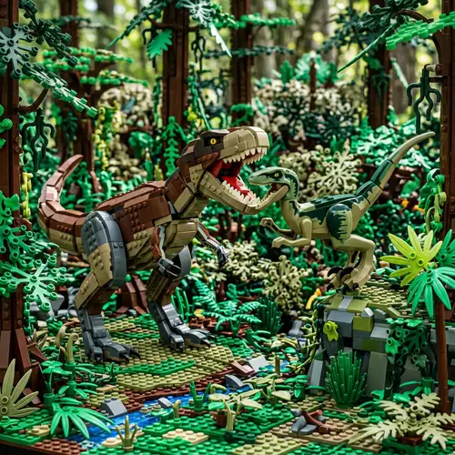 LEGO T. Rex vs Raptor Battle in Forest Setting