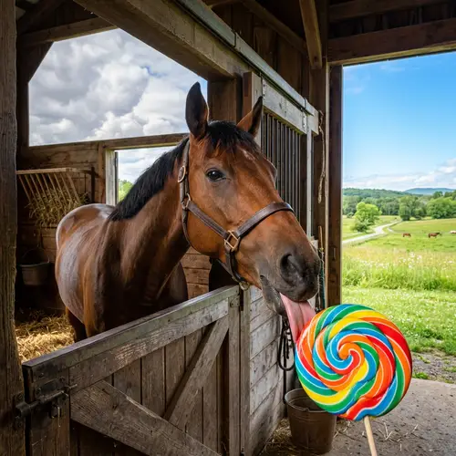 Tranquil Horse in Rustic Stable with Colorful Candy