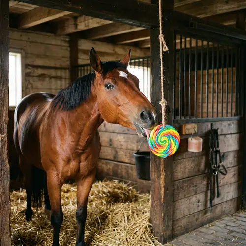 Happy Horse Enjoying Apple-Flavored Candy in Rustic Stable